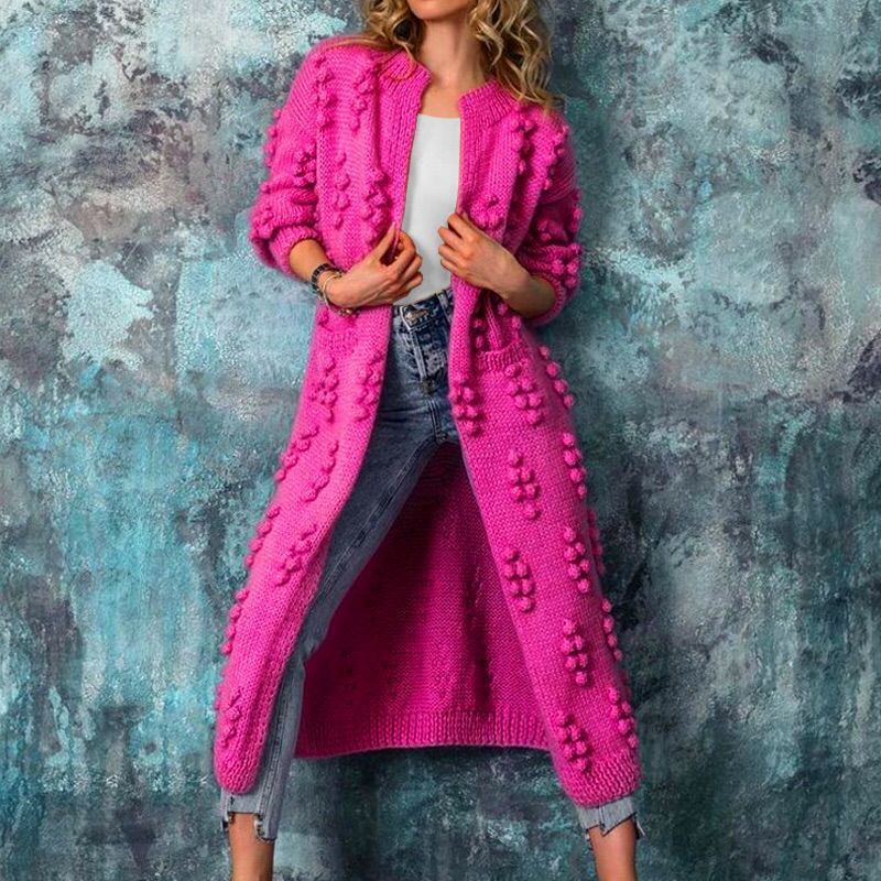 Street-wave Women's Long Knit Coat With Textured Bobble Detailing Cozy Chic Autumn Outerwear For Women