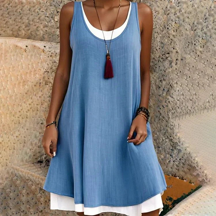 Women's Layered Mini Dress with Sleeveless Design and Scoop Neck