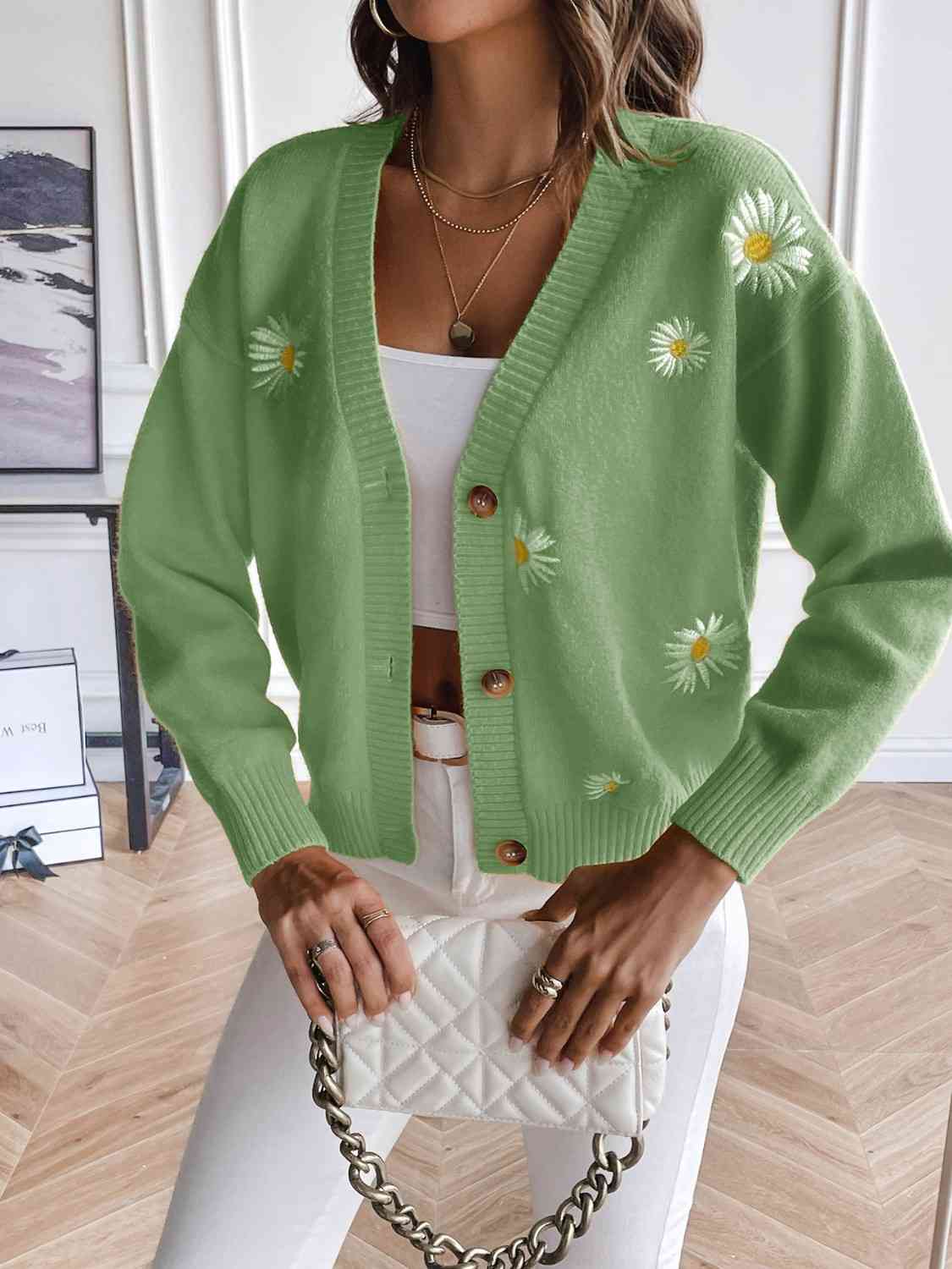 Street-Wave Daisy Embroidered Cardigan For Women Relaxed Fit Cozy Knit With Button Closure