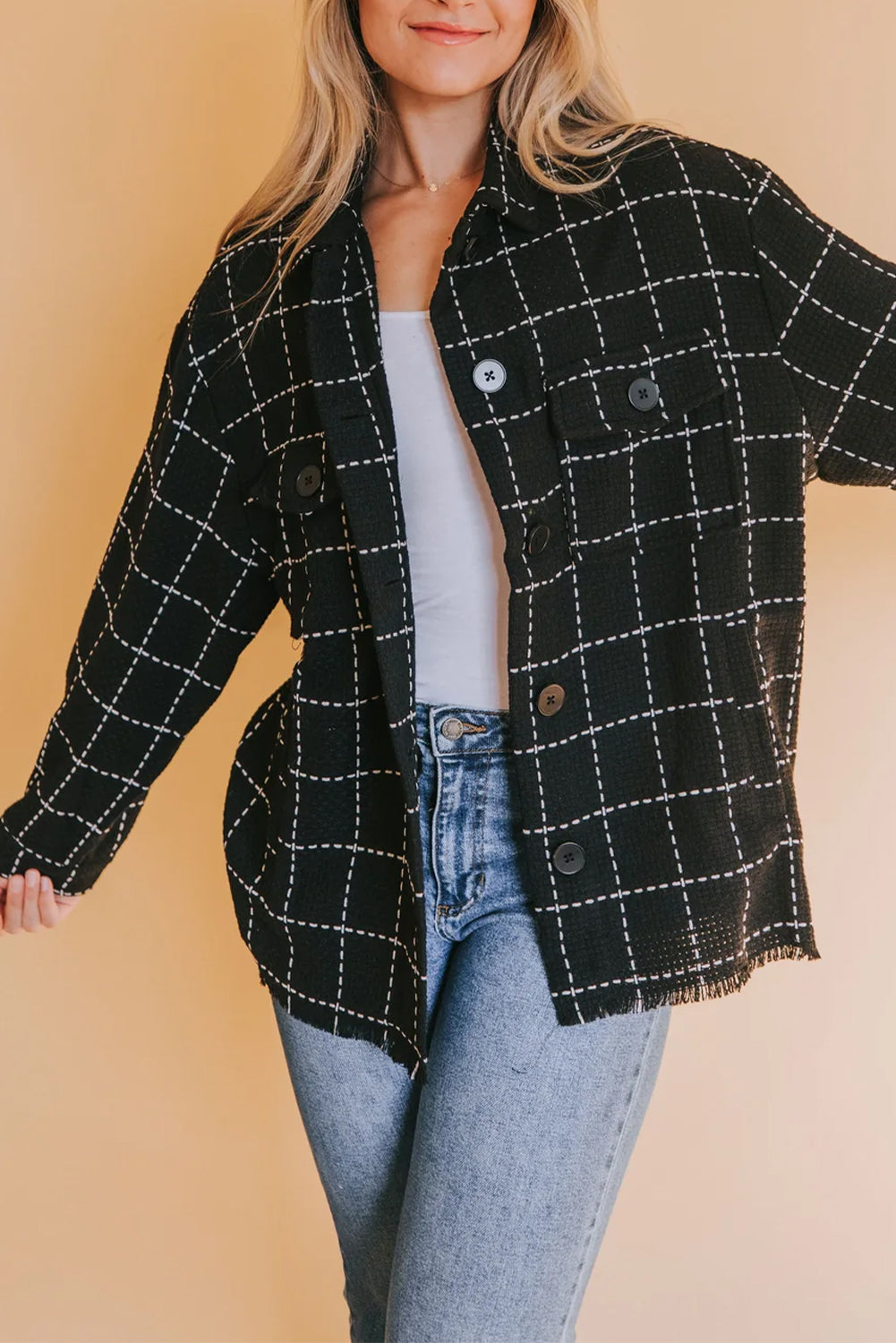 Streetwave Plaid Jacket With Large Pockets Polyester Cotton For Women Chic Versatile Outerwear