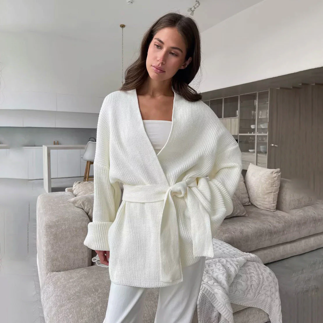 Street Wave Liliane Ribbed Knit Wrap Cardigan With Tie Belt For Women Cozy Flattering