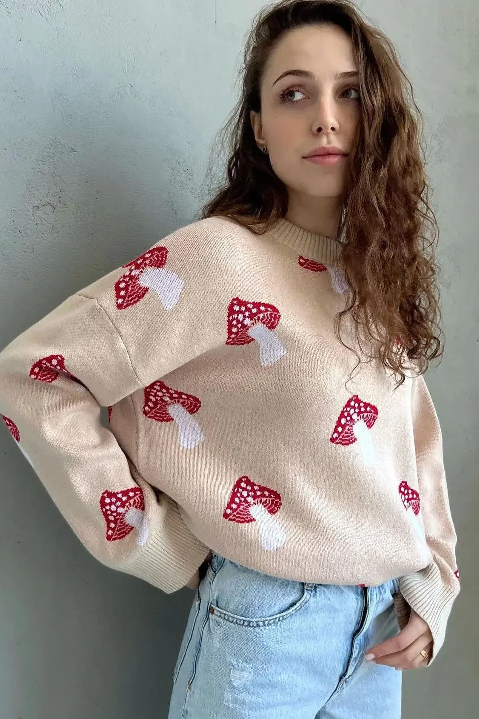 Streetwave Mushroom Jacquard Knit Sweater For Women And Men Cozy Relaxed Fit Polyester Pullover