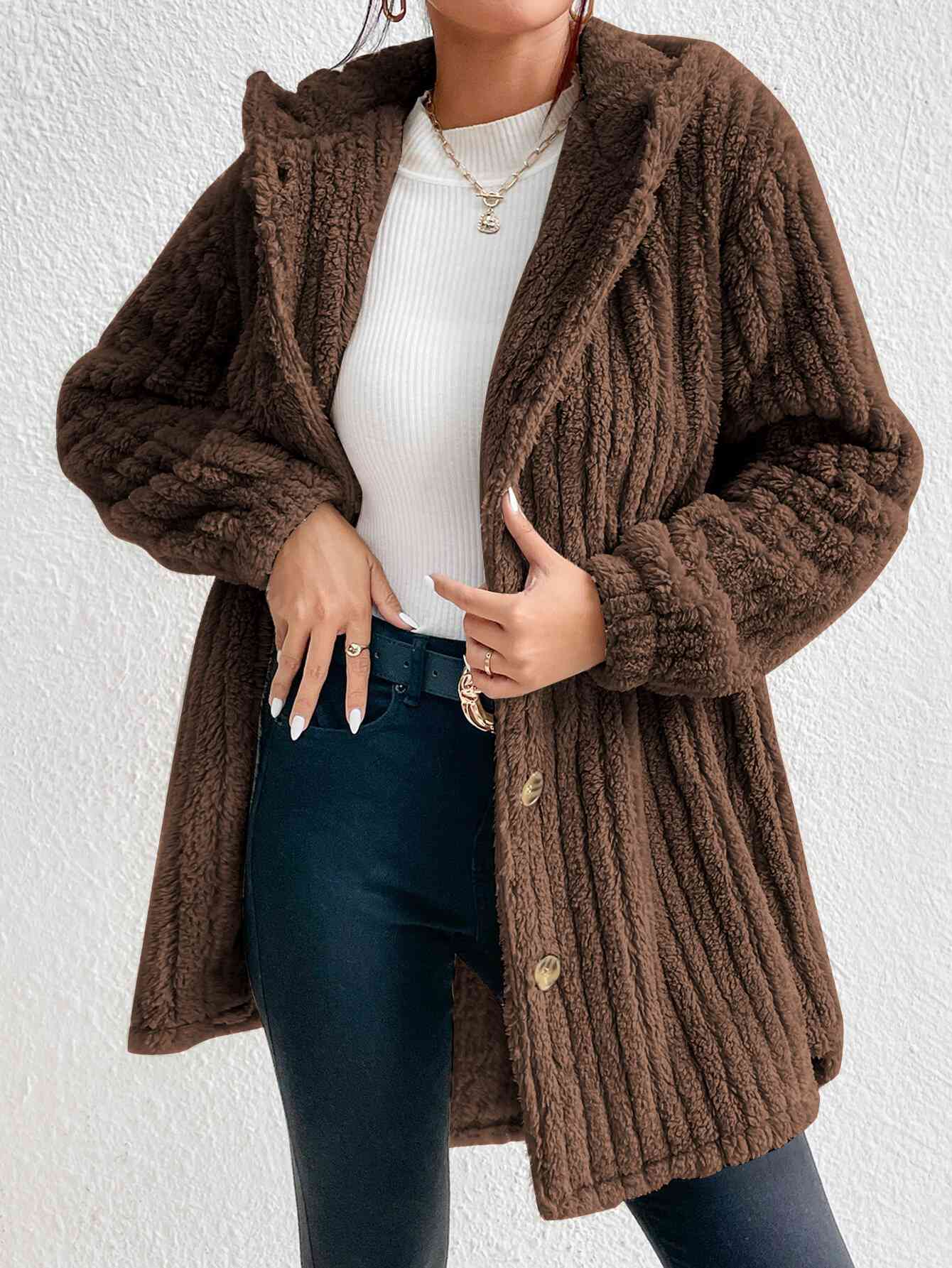 Street-wave Cozy Hooded Teddy Coat For Women Button Down Faux Fur Plush Outerwear