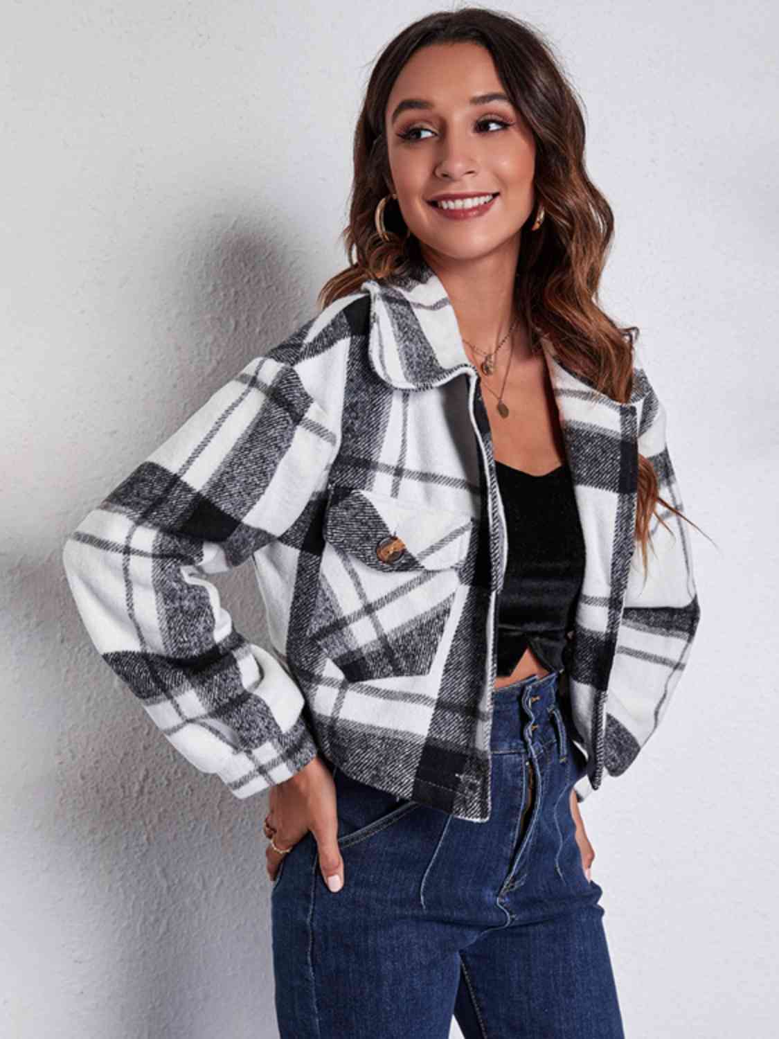 Street-Wave Plaid Button-Front Jacket For Women With Pockets Cozy Everyday Outerwear