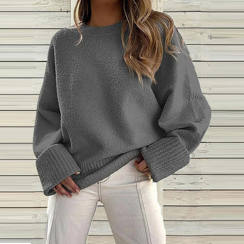 Street Wave Navy Solid Long Sleeve Knit Crewneck Pullover For Women Cotton Acrylic Blend Cozy Warmth