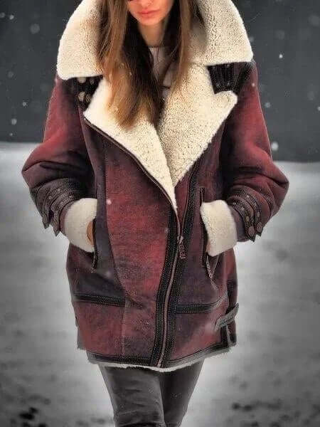 Street-wave Womens Casual Elegant Shearling Jacket Mid-Length Zip Front For Everyday Chic
