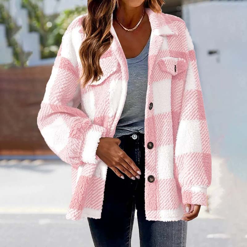 Street-wave Cozy Pink Plaid Coat For Women All Season Warmth With Button Front And Soft Cotton Poly