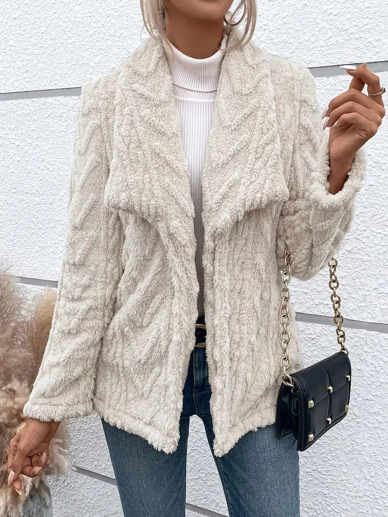Street-wave Women Fleece Jacket Cardigan With Open Front And Shawl Collar Hip-Length Warm Layer