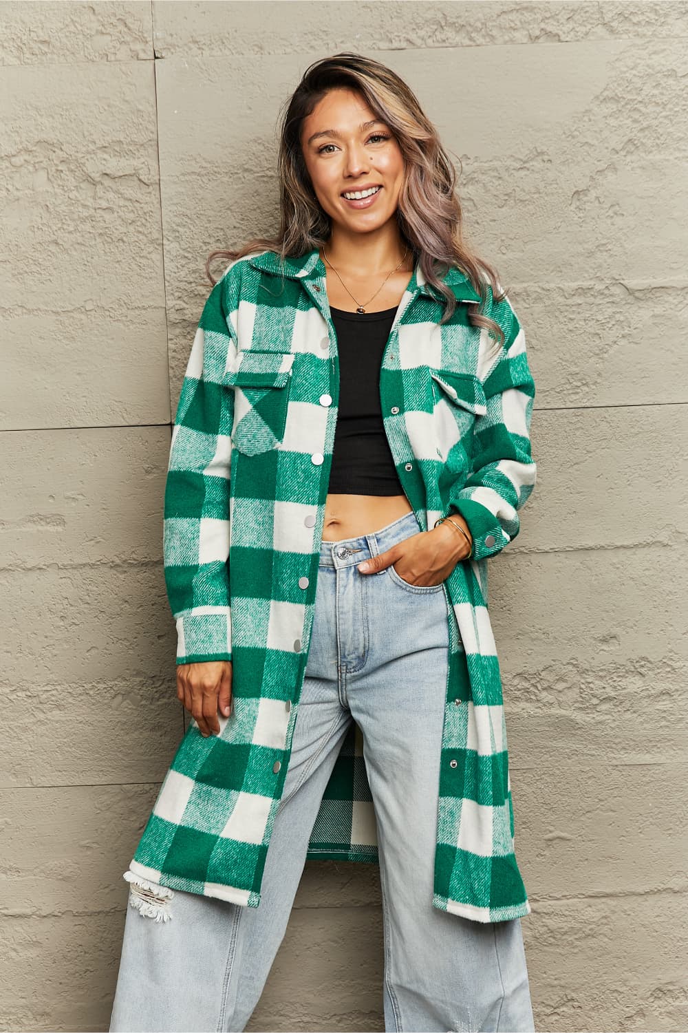 Street Wave Plaid Longline Shirt Jacket For Women With Pockets Versatile Casual Layer