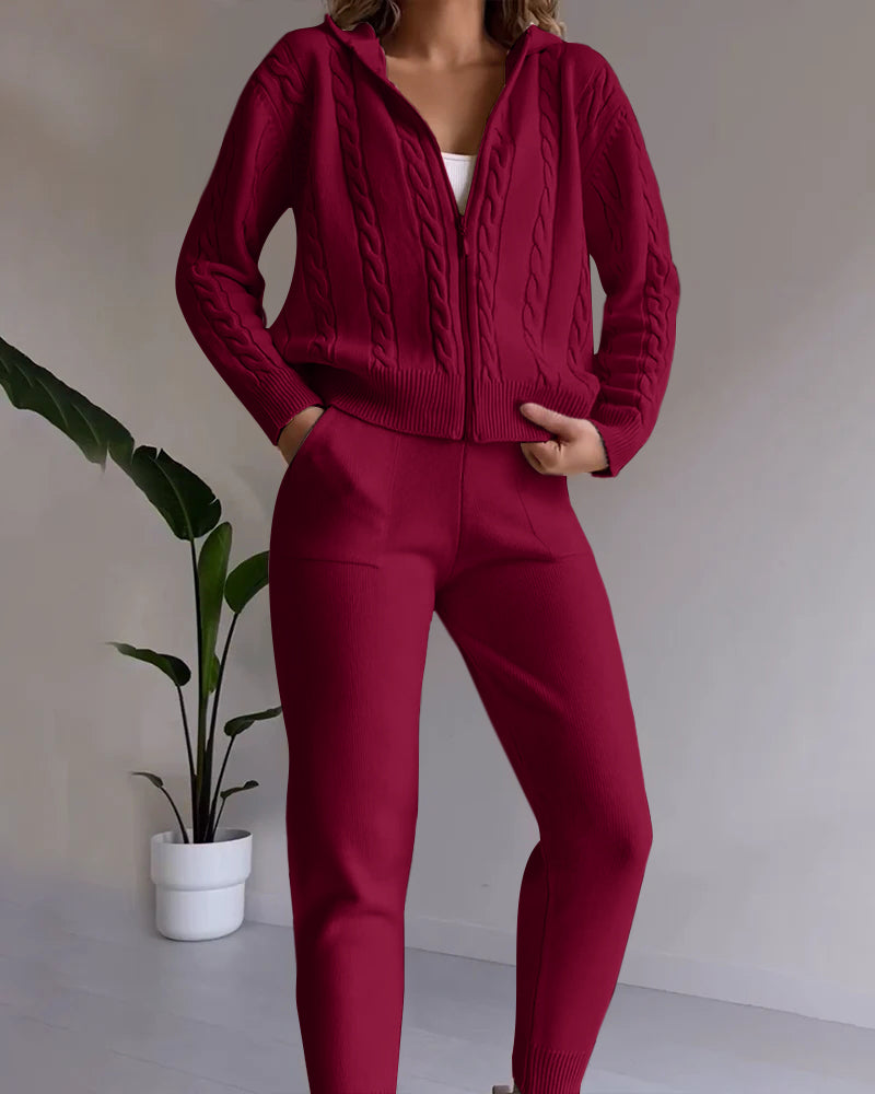 Street-Wave Twist Knit Cardigan Set With Hoodie And Joggers For Women Cozy Breathable Cotton-Poly Tracksuit
