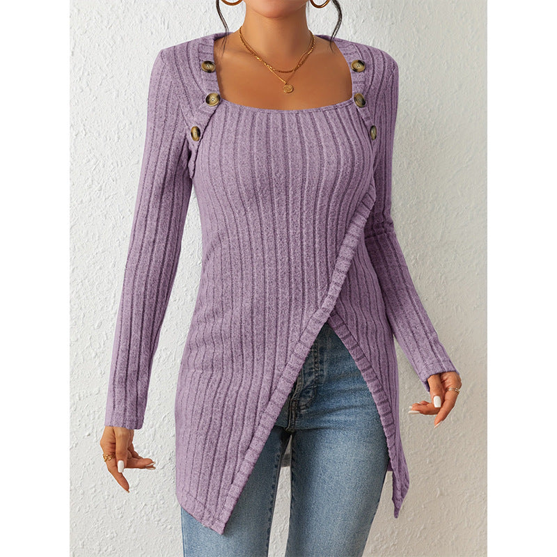 Street-wave Ribbed Knit Sweater For Women With Button Shoulder Details Cozy Modern Look