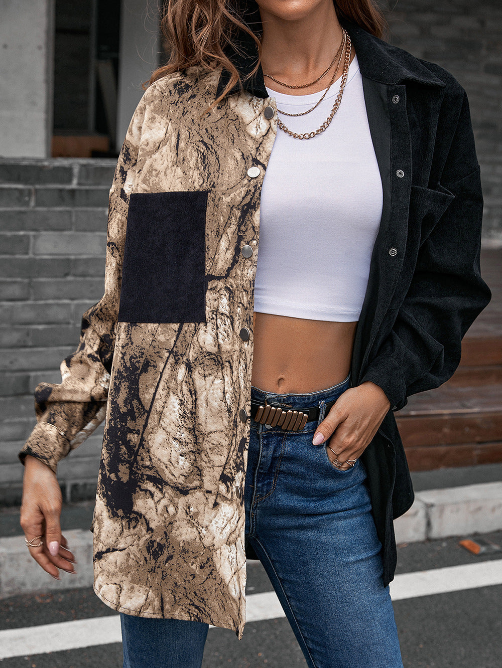 Street-wave Leopard Print Shirt Jacket With Contrast Panels Longline Fit For Trendsetting Women