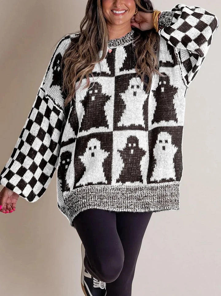 Street-Wave Cozy Pumpkin Halloween Knit Sweater For Women, Festive Orange And Black Checker Knit Pullover
