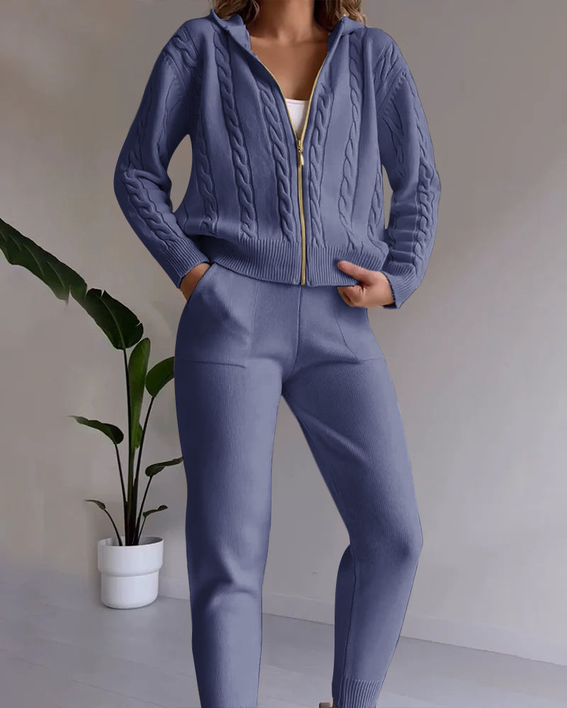 Street-Wave Twist Knit Cardigan Set With Hoodie And Joggers For Women Cozy Breathable Cotton-Poly Tracksuit