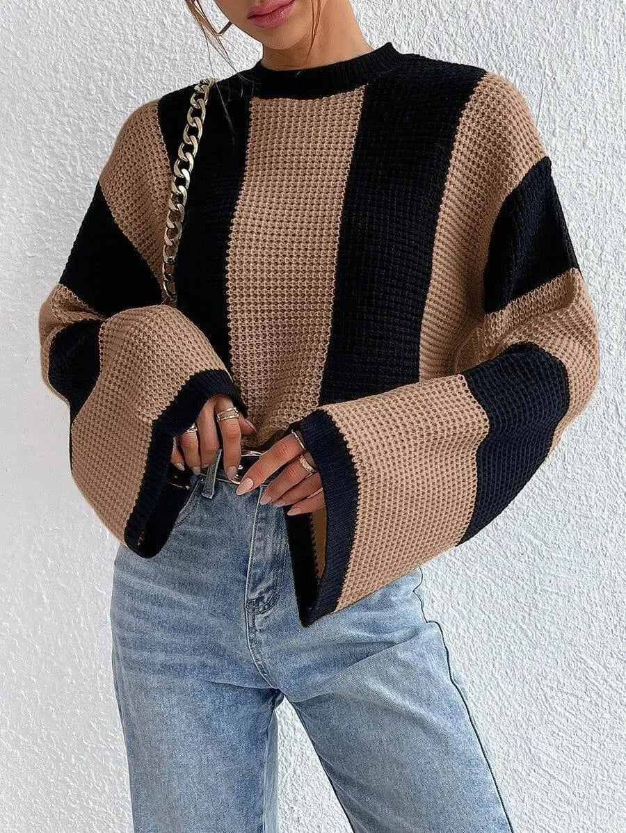 Street-wave Two Tone Knit Pullover With Voluminous Sleeves For Women Cozy Casual Fashion Sweater