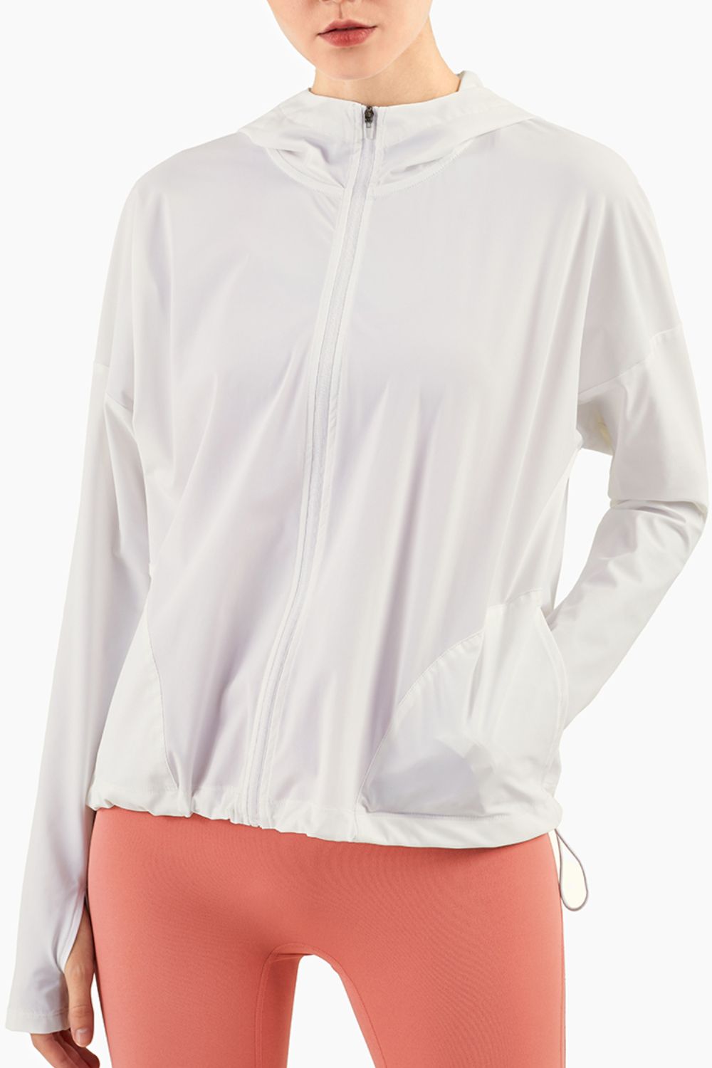 Street-wave Women's Hooded Sport Jacket With Zip Pockets Thumbhole Sleeves Nylon Spandex Blend For Active Lifestyles