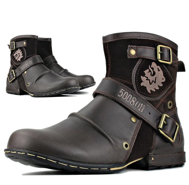 Street Wave Boots Men Leather Ankle Boots With Buckle Straps Durable Retro Style All Day Comfort