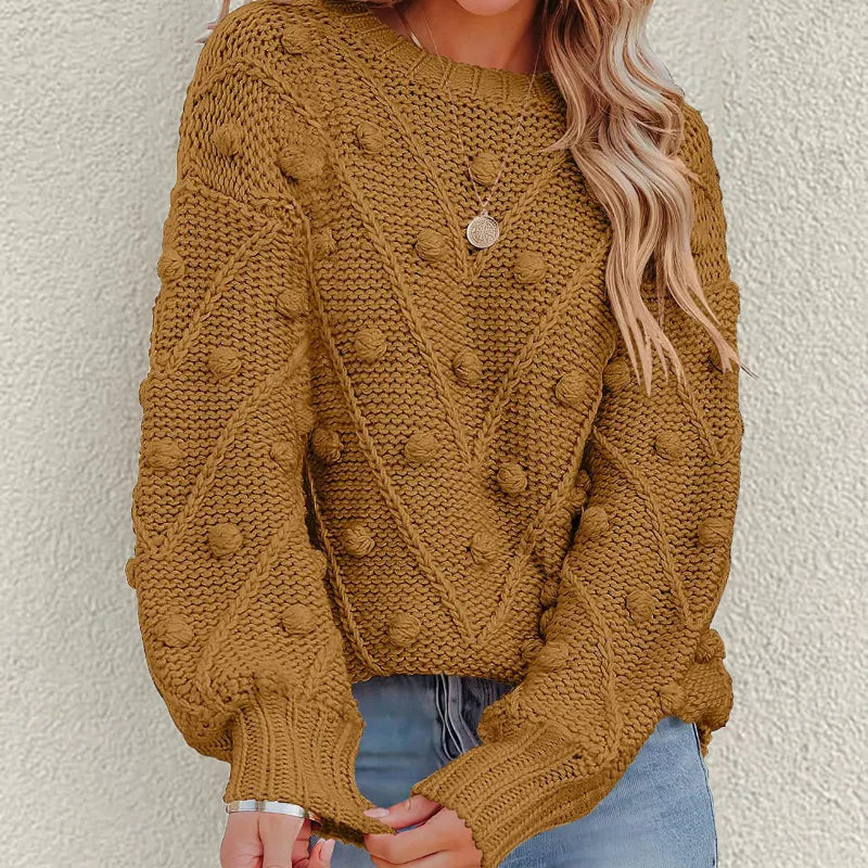 Street-wave Casual Knit Sweater For Everyday Wear Women Cozy Warm Roundneck Chunky Knit