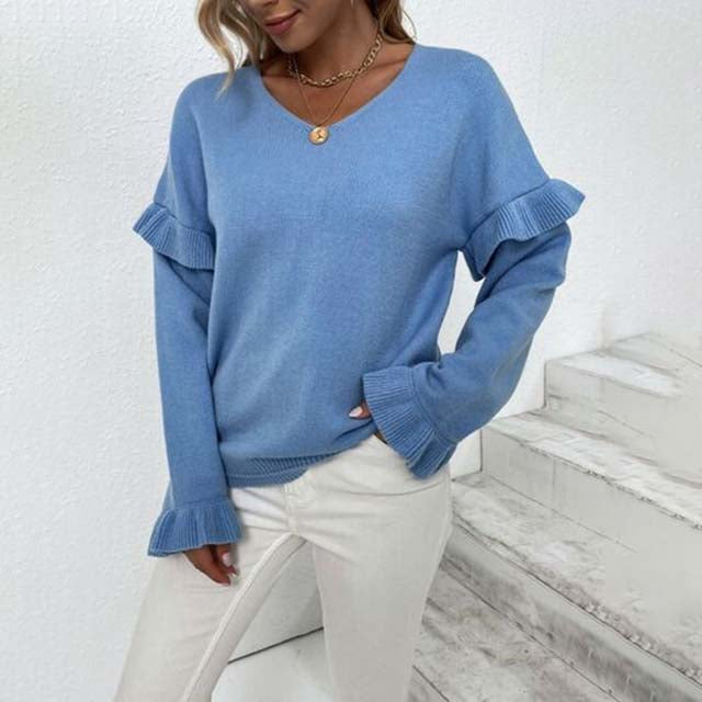 Street-Wave V-Neck Ruffle Soft Cotton Sweater For Women
