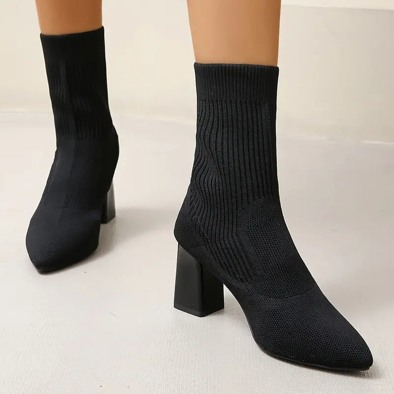 Street-Wave Knit Ankle Boots With Sock Style And Block Heel For Urban Women Comfortable Fit