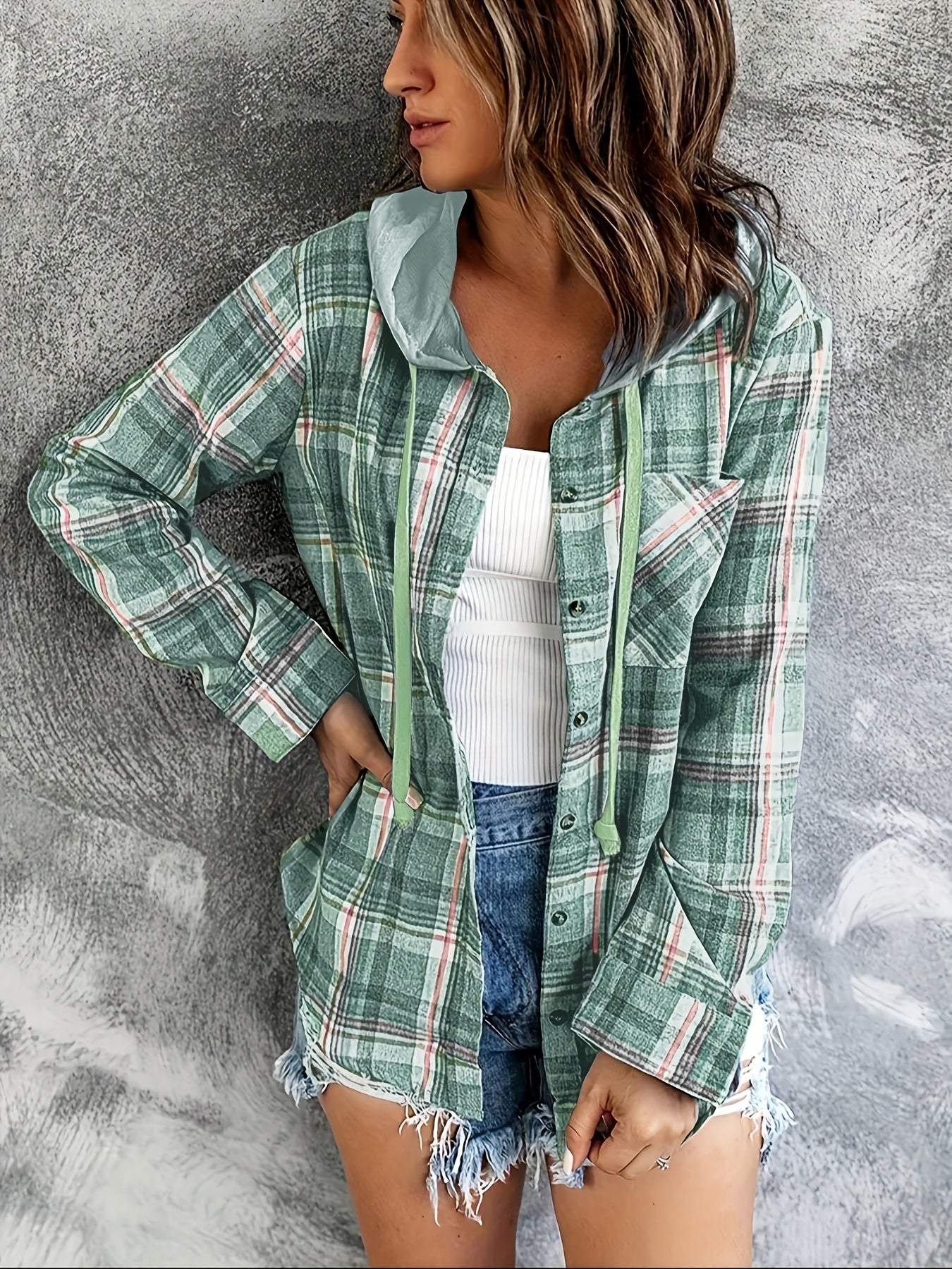 Streetwave Plaid Hooded Jacket For Women Cotton Polyester Blend Comfort Casual Outerwear