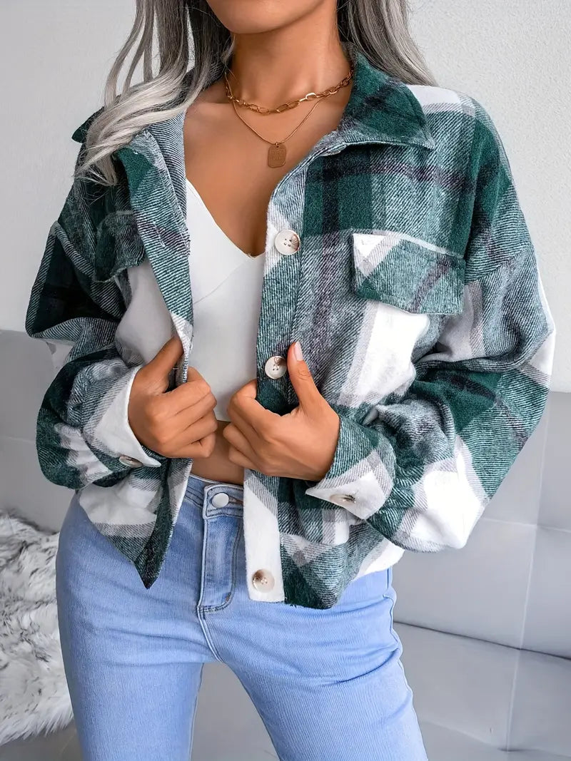 Street Wave Plaid Flannel Jacket For Women Short Cut Cozy Warm Khaki Everyday Chic