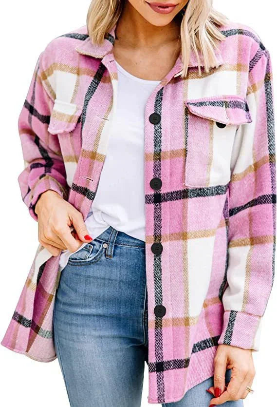 Street-wave Timeless Plaid Shirt Jacket for Women, Warm Cozy Checkered Long-Sleeve Outerwear