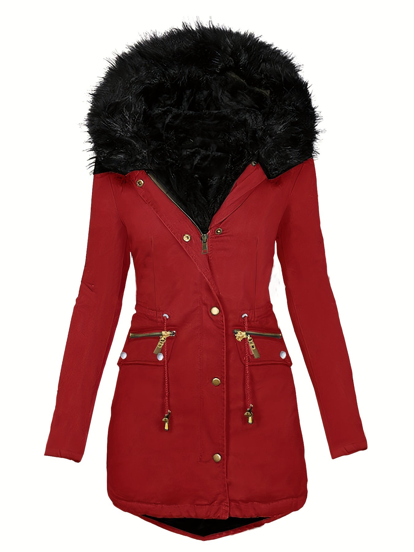 Street Wave Women Black Wool Coat With Faux Fur Hood Timeless Elegant Outerwear Cozy