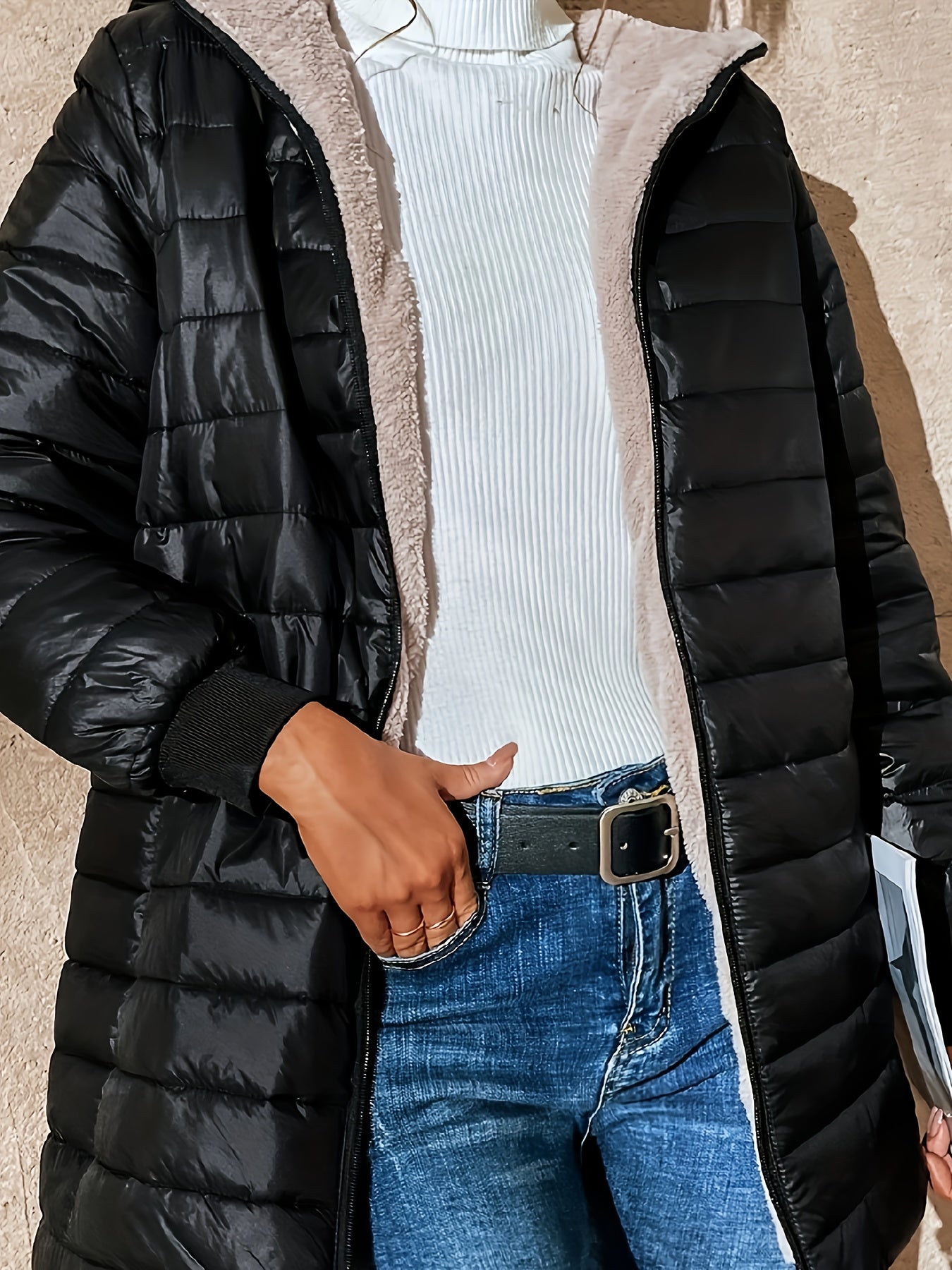 Street-wave Fleece Lined Hooded Jacket For Women Warm Cozy Winter Outerwear With Plush Fleece Lining