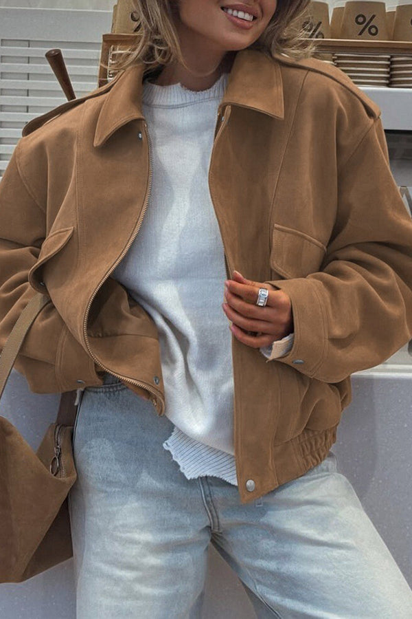 Street-Wave Casual Zip Jacket For Women With Lapel Collar Soft Polyester Relaxed Hip Length