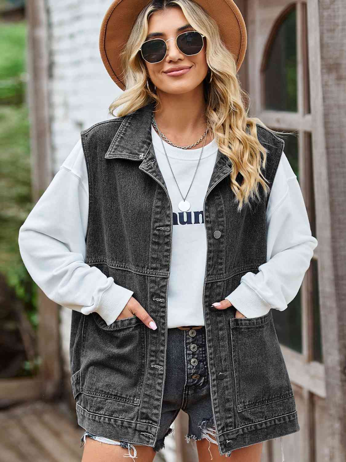 Street Wave Sleeveless Denim Jacket Button Front For Women Classic Casual Layering