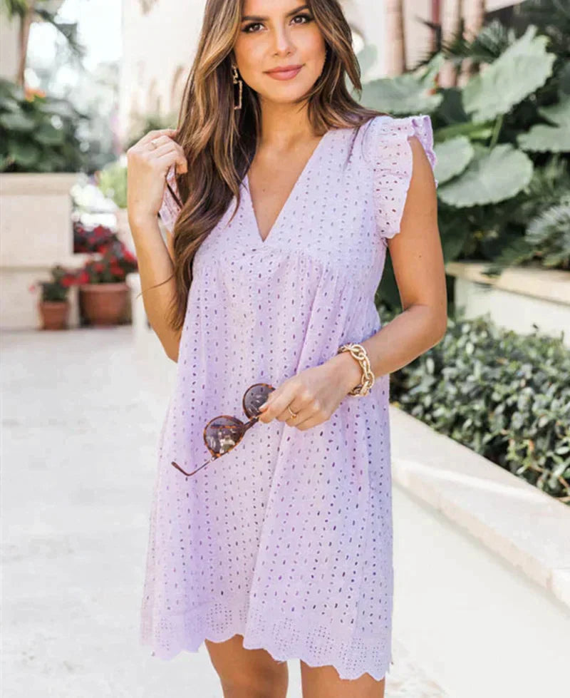 Street-Wave Womens Sleeveless V Neck Summer Dress Breathable Broderie Anglaise