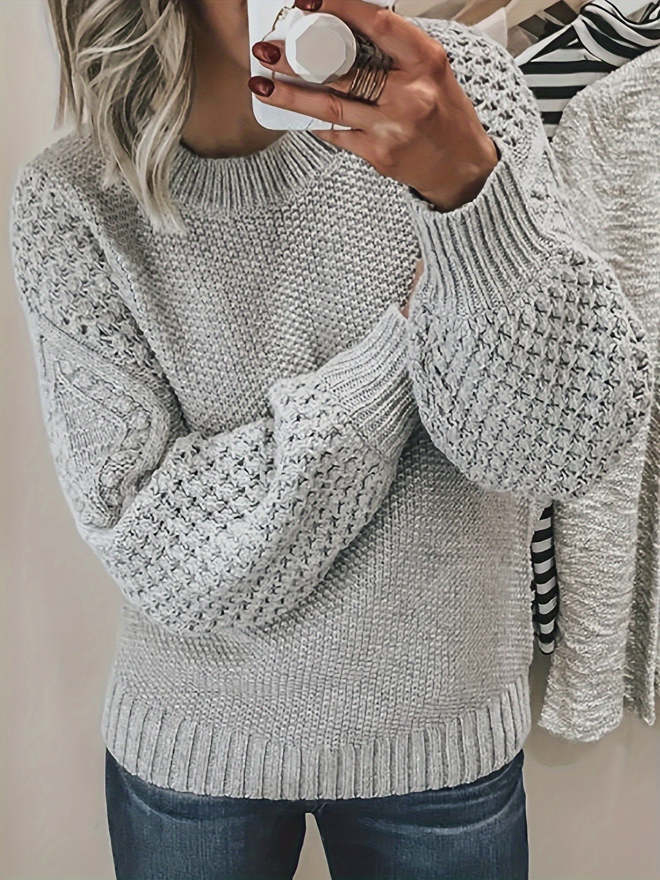 Street Wave Acrylic Knit Sweater With Textured Sleeves For Casual Wearers Cozy Everyday Warmth