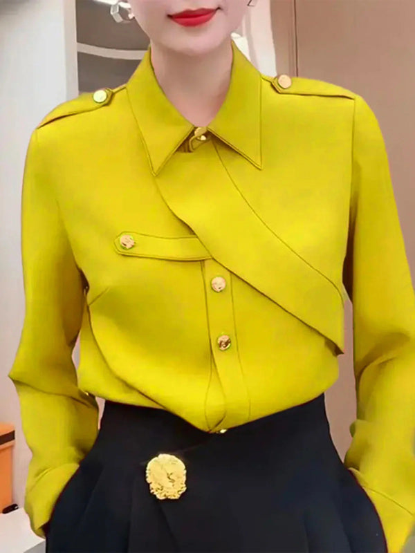 Street Wave Women Wrap Blouse Versatile Comfortable Top With Gold Button Accents