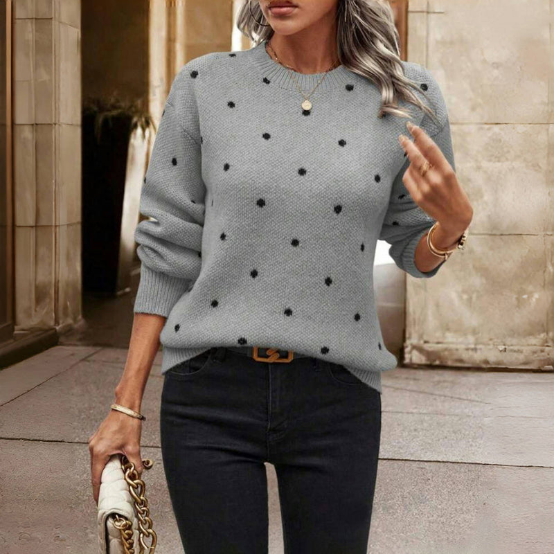 Street-Wave Polka Dot Knit Sweater for Women Cozy Cotton Blend Long Sleeve Round Neck