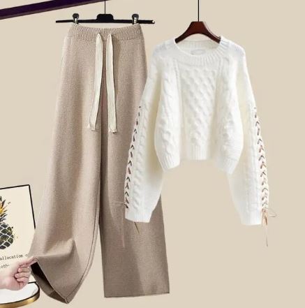 Streetwave Cozy Knit Two Piece Set For Women Soft Fabric Sweater And Wide Leg Pants