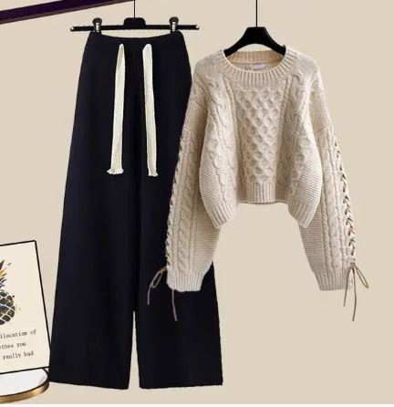 Streetwave Cozy Knit Two Piece Set For Women Soft Fabric Sweater And Wide Leg Pants