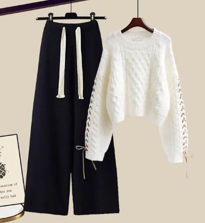 Streetwave Cozy Knit Two Piece Set For Women Soft Fabric Sweater And Wide Leg Pants