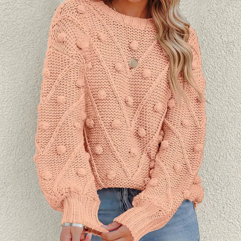 Street-wave Casual Knit Sweater For Everyday Wear Women Cozy Warm Roundneck Chunky Knit