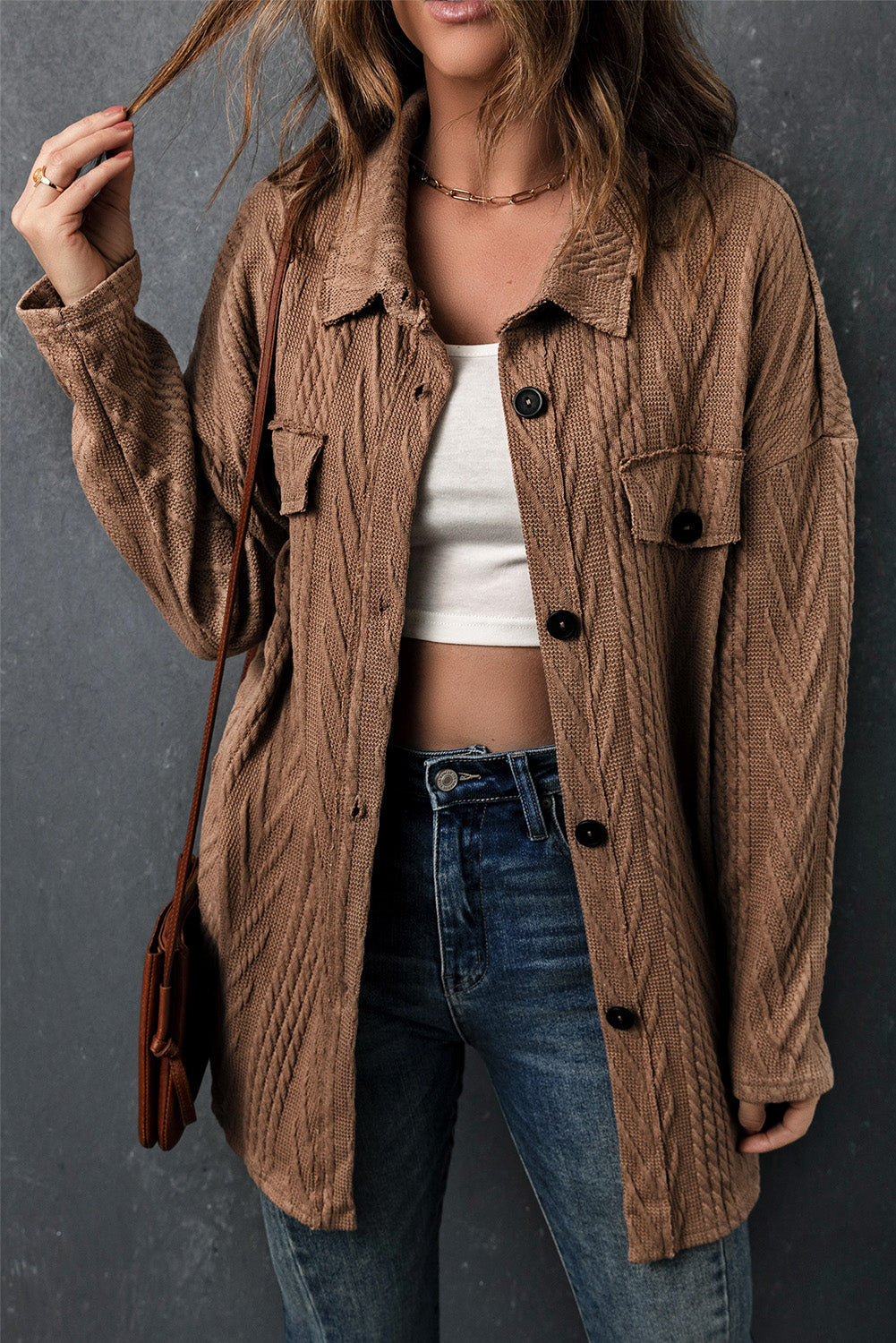 Knitted Blouse With Button Front Cotton Blend Street Wave For Women Layering Essential