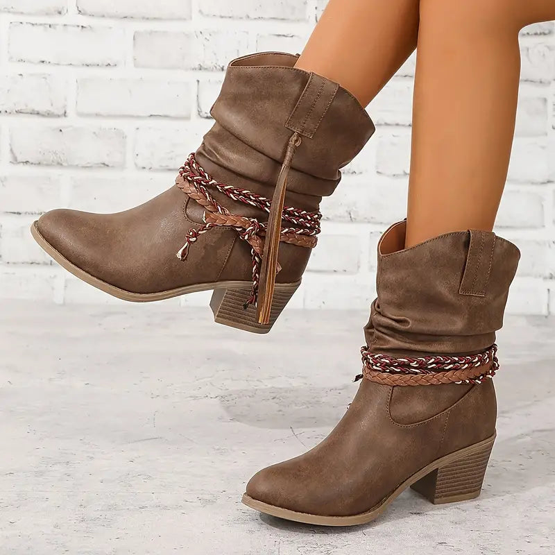 Street-Wave Women's Western Cowboy Boots With Tassel Chains Rustic Charm Durable Leather