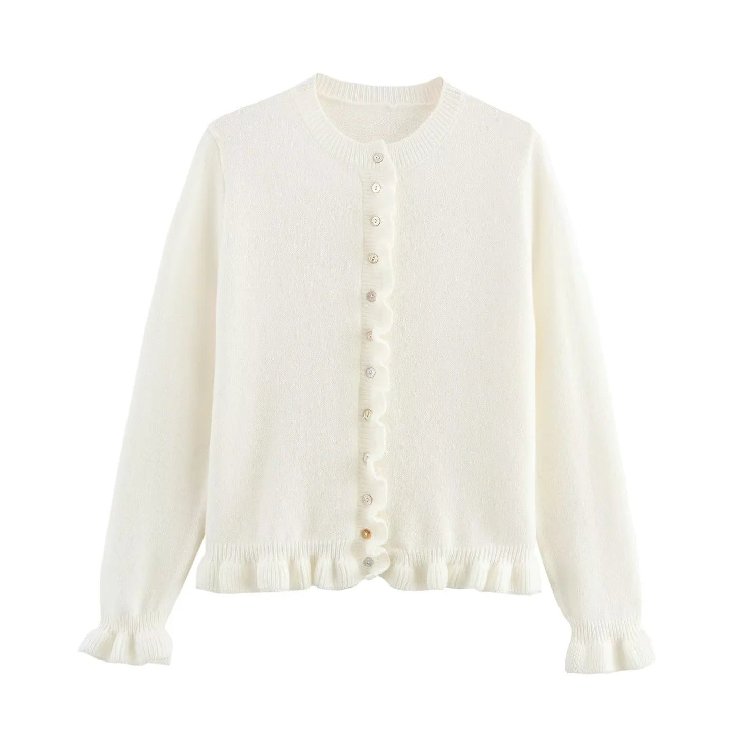 Streetwave Button Cardigan For Women Elegant Ruffle Trim Front Knit Layering Essential