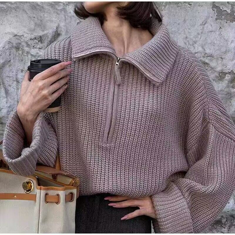 Street Wave Zip Rib Knit Pullover For Women Soft Warmth With Casual Elegance And Everyday Comfort