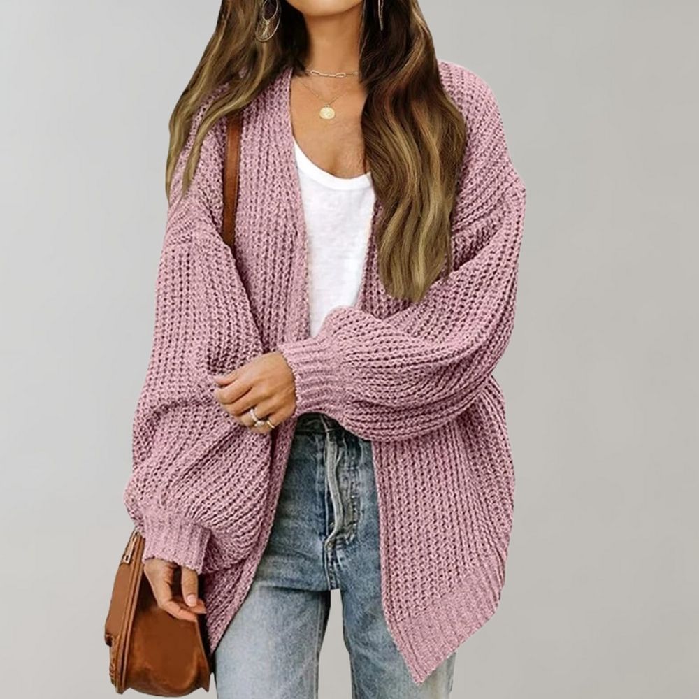 Street-wave Open Knit Cardigan With Bishop Sleeves For Women, Cozy Flowing Silhouette