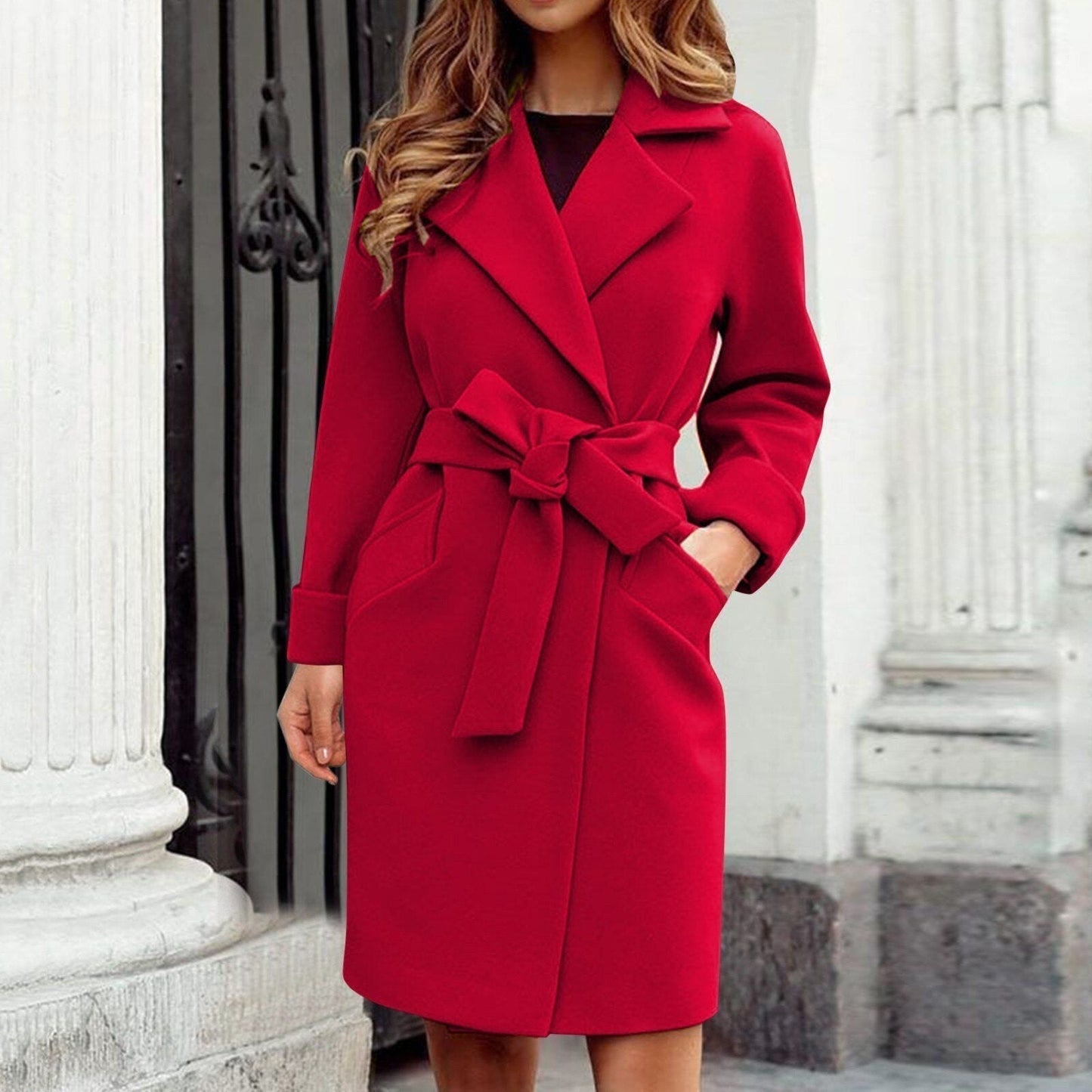 Street-wave Belted Navy Coat For Women - Elegant, Comfortable Polyester Jacket With Timeless Design