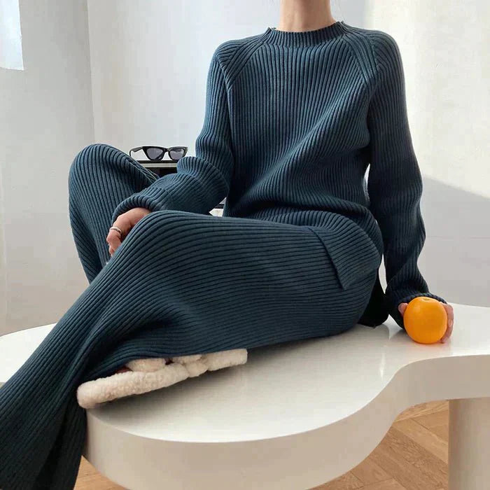 Street-wave Womens Knit Set With Wide-Leg Pants Cozy Luxurious Ribbed Sweater For Modern Women