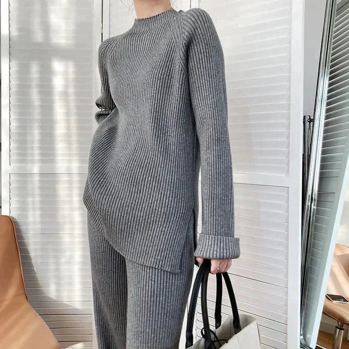 Street-wave Womens Knit Set With Wide-Leg Pants Cozy Luxurious Ribbed Sweater For Modern Women