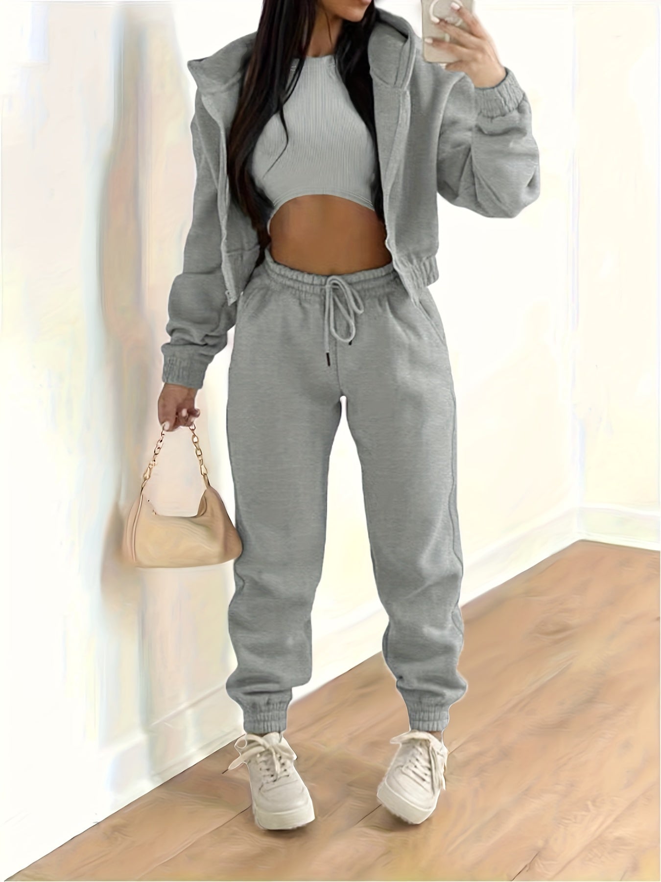 Street-Wave Three Piece Hoodie Tank Top Jogger Set For Women Comfort Casual Everyday Wear