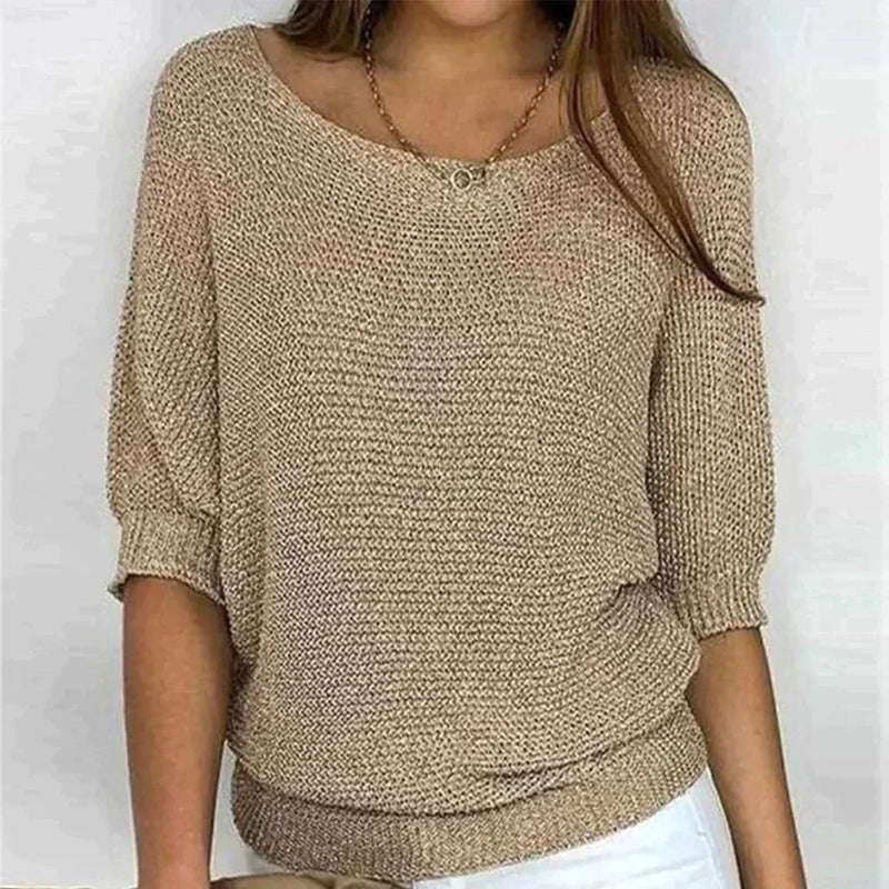 Street Wave Soft Knit Pullover For Everyday Wear Women Crew Neck Neutral Beige Cozy ThreeQuarterSleeve