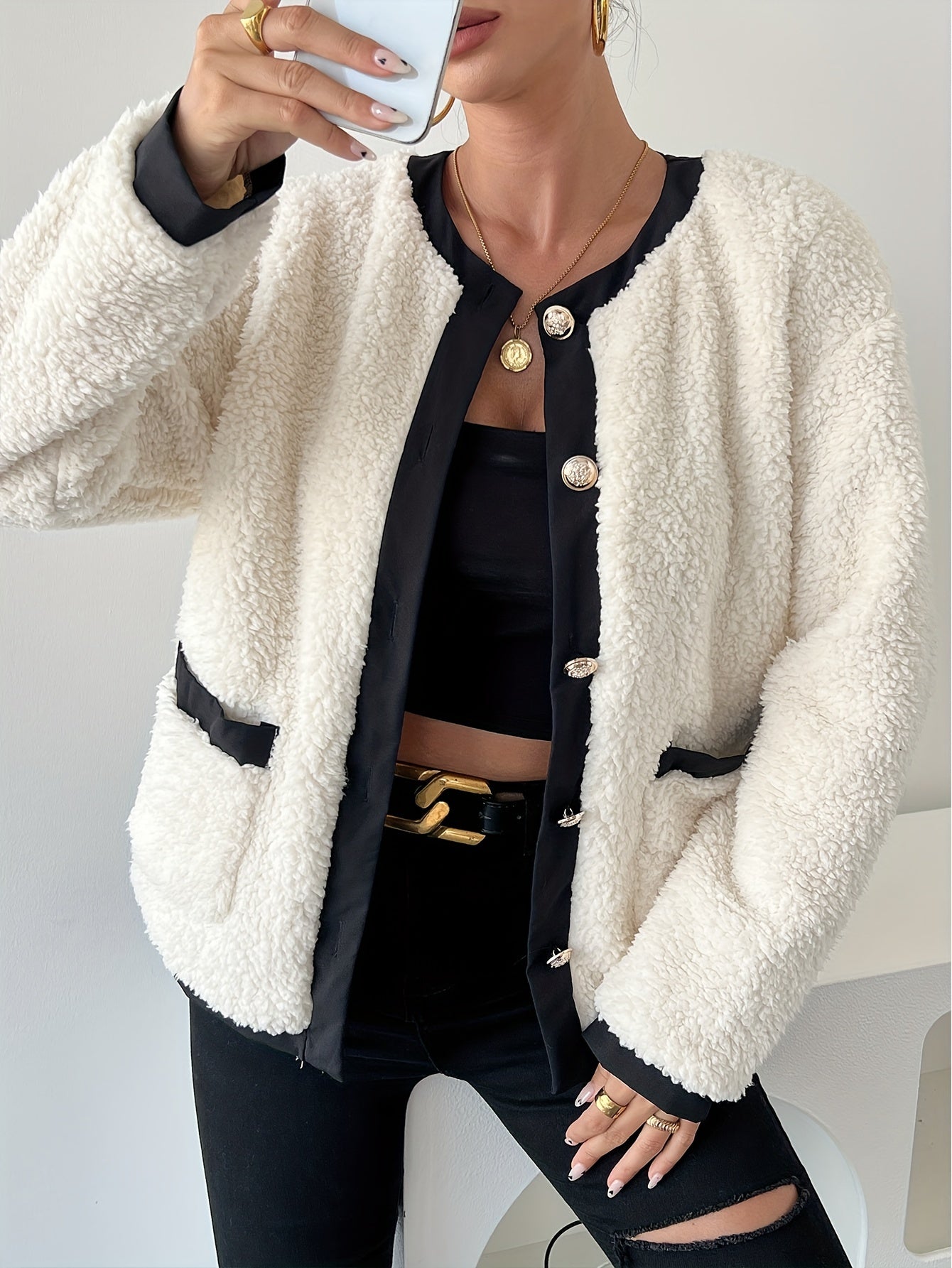 Street-wave Short Teddy Jacket With Contrast Trim Polyester For Women Cozy Chic Outerwear